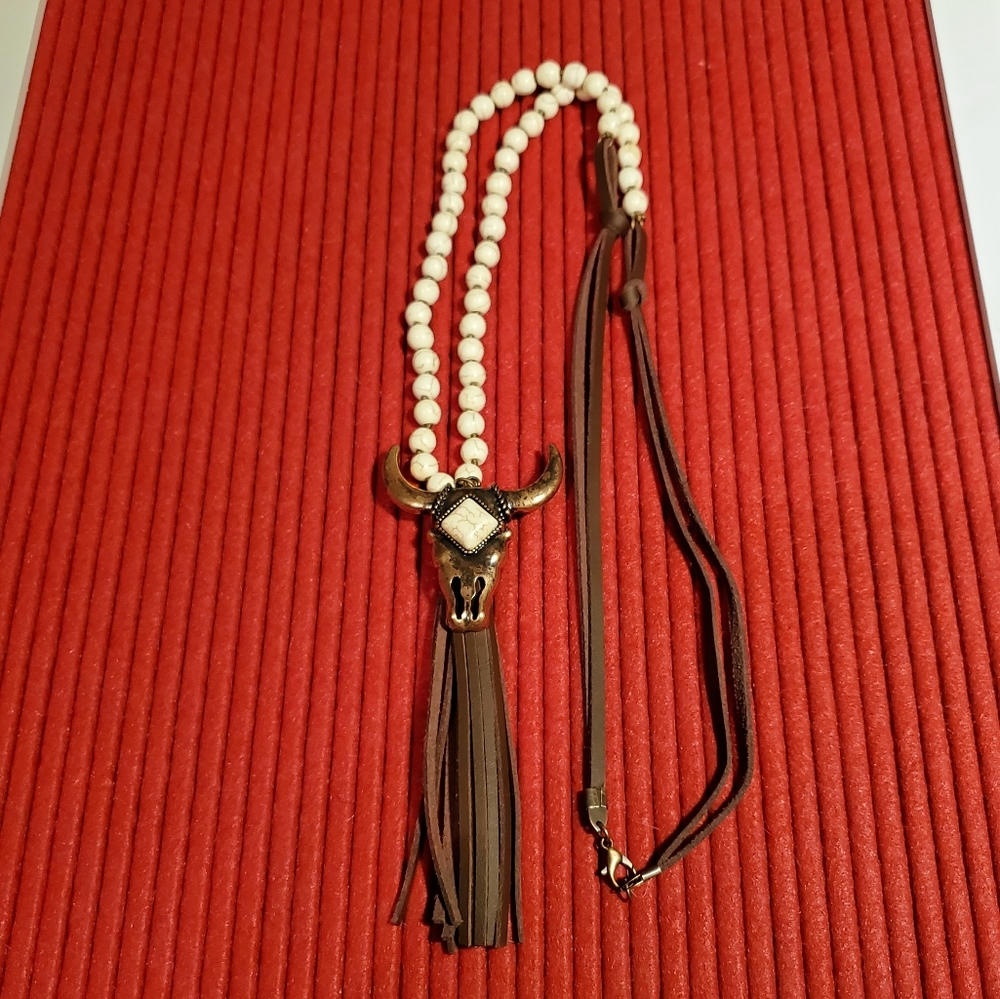 Bronze Steer Skull head with Bead/Leather Chain